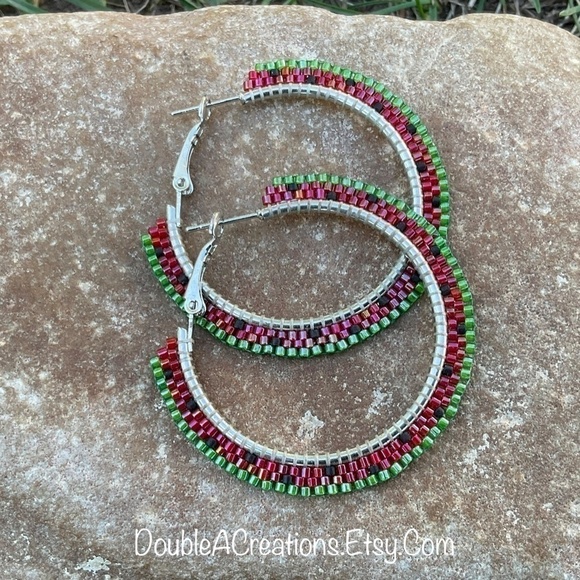 Red Watermelon 1 1/2” Beaded Hoops, New, Handmade by Me - Picture 6 of 10
